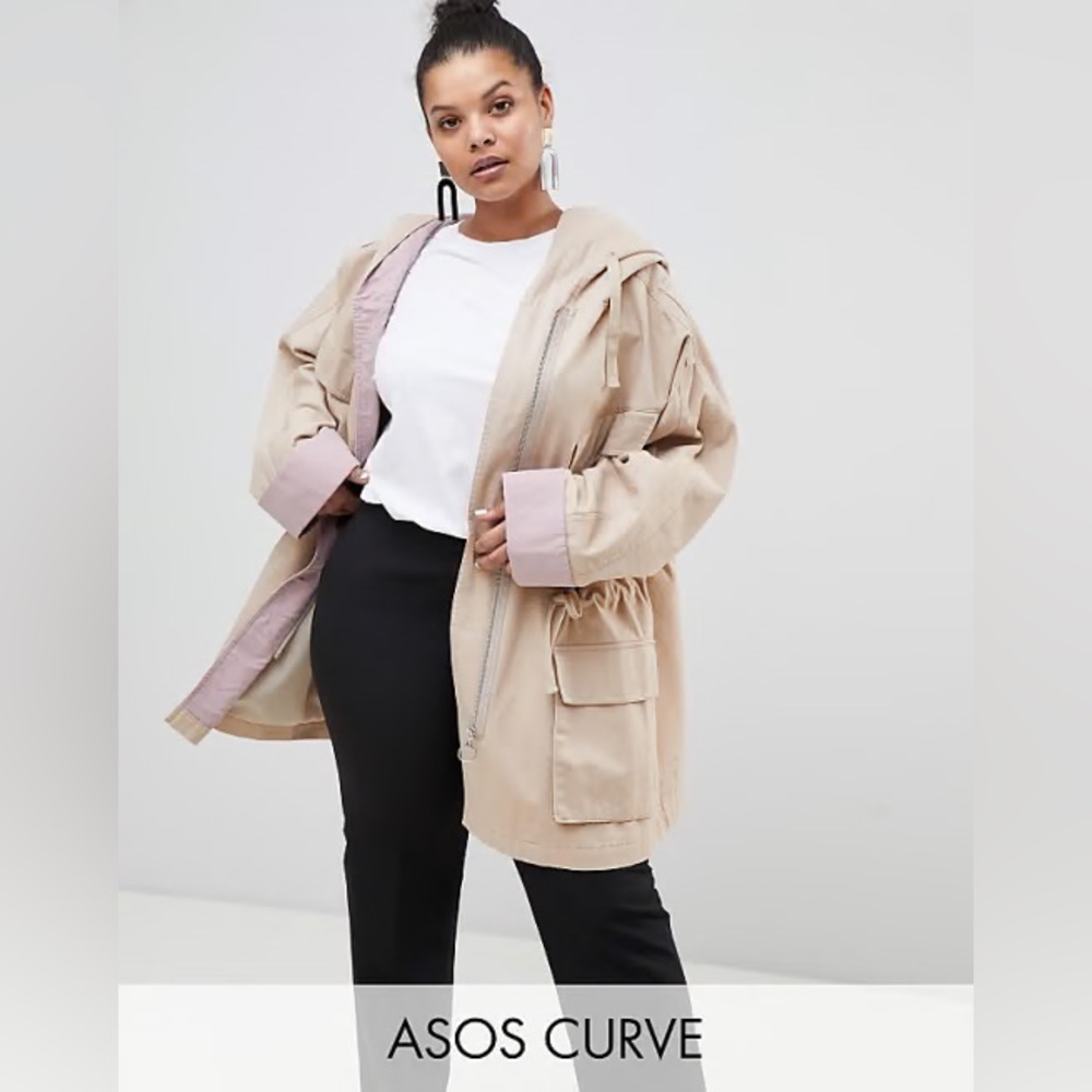 Asos Curve oversize beige and pink cotton field jacket with hood plus size 2X